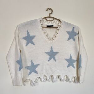 Sweet & Sinful Star Print Vintage-Style Frayed Sweatshirt Cream/Blue Sz xl